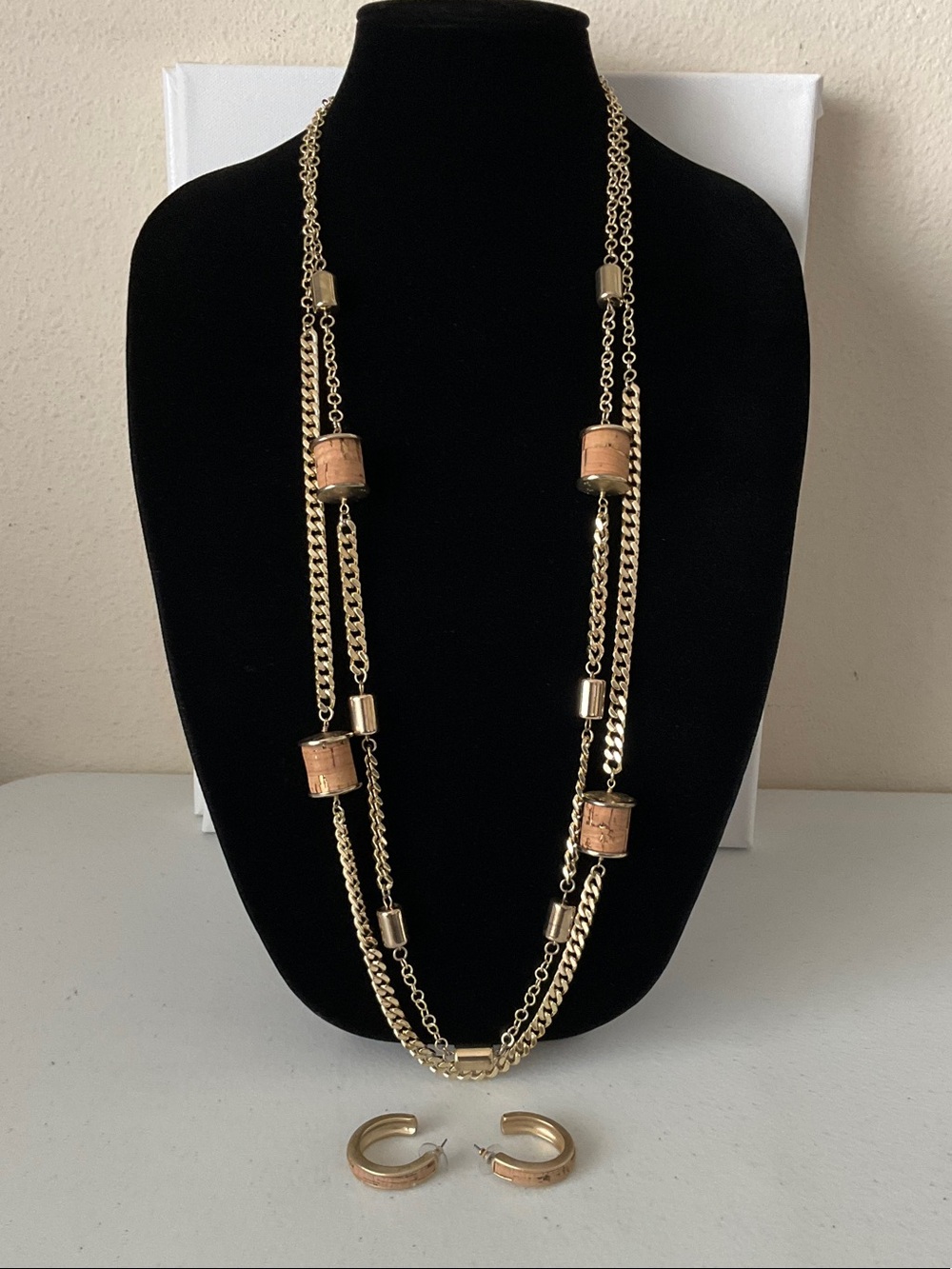 Chico's Gold Tone Multi-Strand Necklace with Hoop Earrings